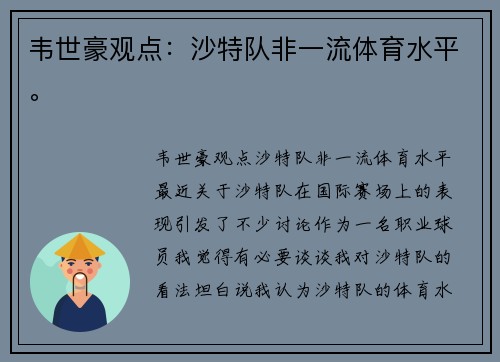 韦世豪观点：沙特队非一流体育水平。